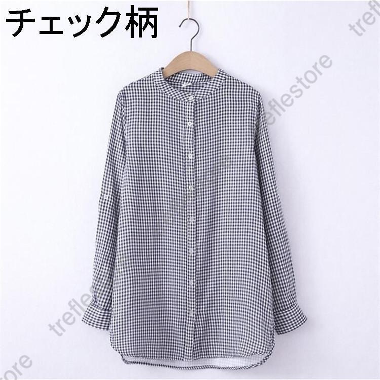 ガーゼ シャツ ガーゼシャツ レディース ブラウス 長袖 スタンドカラー 白シャツ 春夏 秋 立ち襟 チェック柄 無地 綿100% 2重ガーゼ