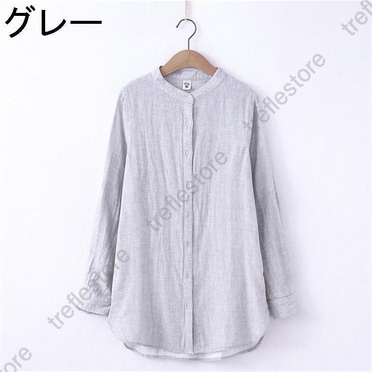 ガーゼ シャツ ガーゼシャツ レディース ブラウス 長袖 スタンドカラー 白シャツ 春夏 秋 立ち襟 チェック柄 無地 綿100% 2重ガーゼ