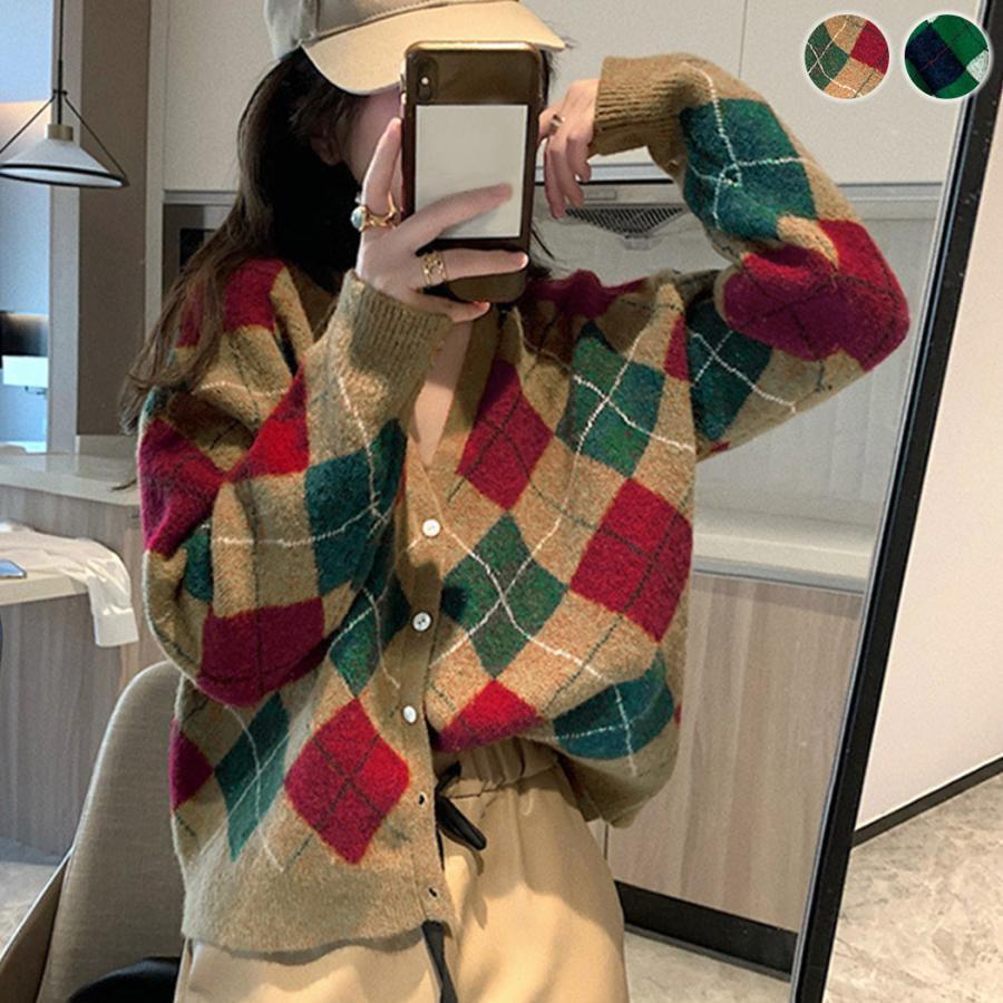 カーディガン レディース 秋 冬 ニット カーディガン Vネック チェック柄 ゆったり ルーズ おしゃれ かわいい オータム