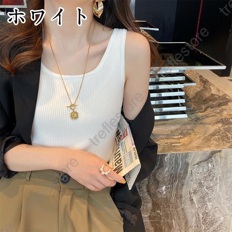 ニット 9色 タンクトップ レディーストップス 夏服 ノースリーブ リブニット サマー ストレッチ 春 サマーニット 無地 リブニットタンク カップなし 袖なし