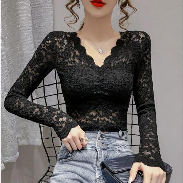 Long-Sleeved - 花柄 総レース ブラウス レディース Vネック 長袖 カットソー 着やせ フラワーレース シャツブラウス 透け感 きれいめ