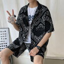 セットアップ メンズ 春夏 半袖 上下セット カジュアルシャツ ハーフパンツ 大きいサイズ ペイズリー柄 バンダナ柄 涼しい 海 ビーチ リゾート(4)