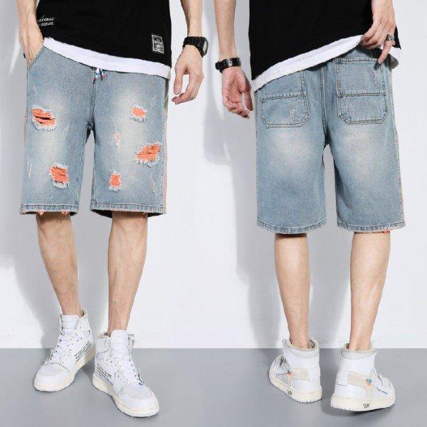 Rakuten - メンズ ジーンズ デニムショートパンツ ダメージ加工 赤 バギーパンツ 短パン 膝丈 スウェットショーツ 体型カバー 大きいサイズ オシャレ 夏