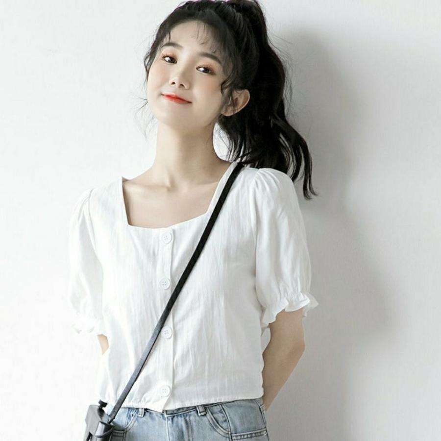 Rakuten - スクエアネック トップス tシャツ Tシャツ 半袖 カットソー 夏 レディース パフスリーブ ゆったり おしゃれ