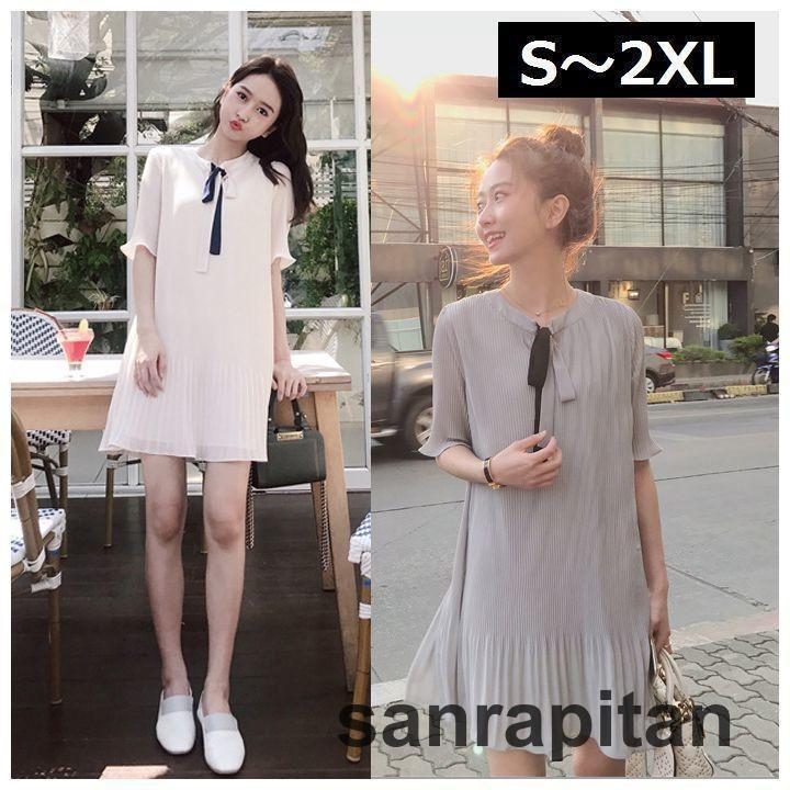 シフォンプリーツ ミニワンピース レディース ワンピース ワンピ シフォン プリーツ 半袖 5分袖 ノーカラー リボンタイ ボウタイ ミニ丈 ショート