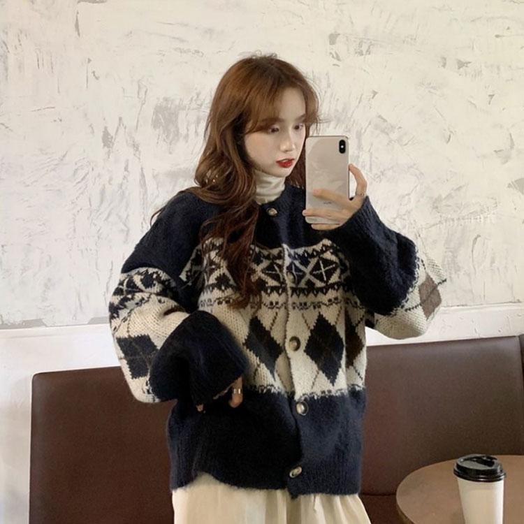 ノルディック柄 カーディガン ニット セーター アーガイル柄 レディース ケーブル編み トップス ゆったり 春 秋冬 おしゃれ 前開き 大きいサイズ