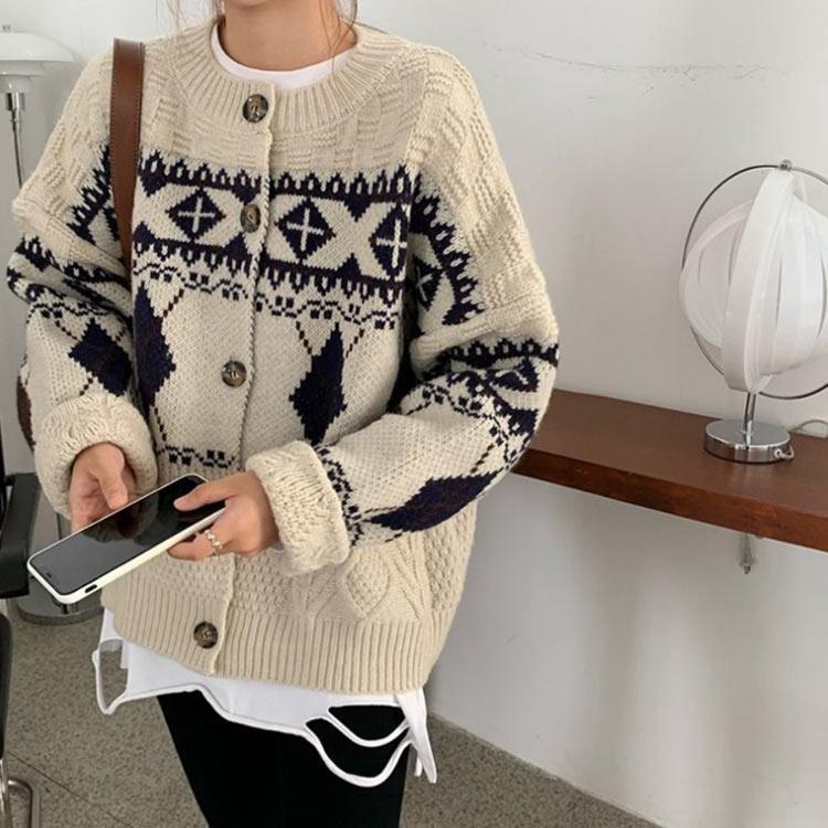 ノルディック柄 カーディガン ニット セーター アーガイル柄 レディース ケーブル編み トップス ゆったり 春 秋冬 おしゃれ 前開き 大きいサイズ