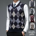 ニットベスト メンズ Vネック プルオーバー セーター チェック柄 カジュアル ビジネス アーガイル ゆったり 春 秋 通勤 父の日 おしゃれ 上品