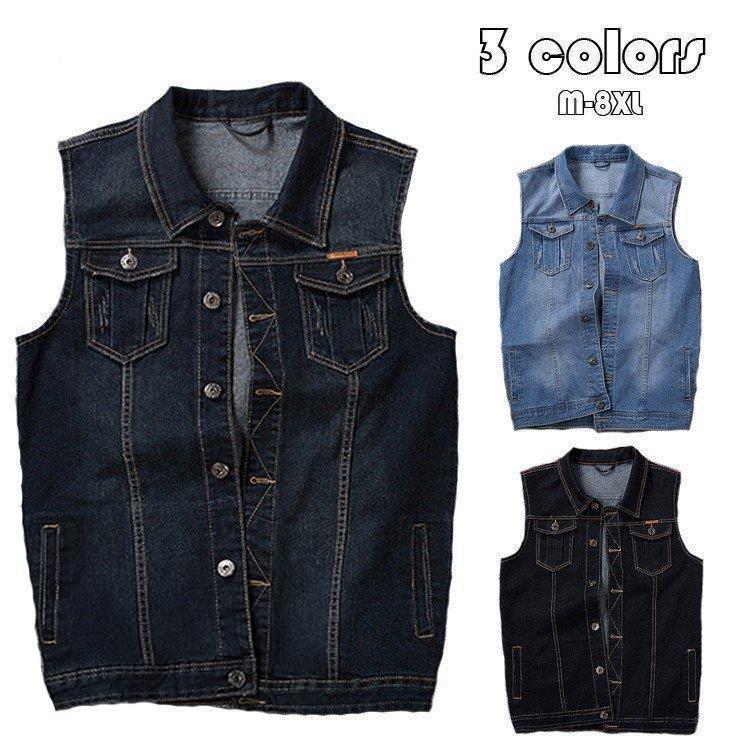 メンズデニムベスト 袖なしデニムブラウス お兄系デニムジャケット Gジャン チョッキ ライダースデニムアウター ダメージ加工 ノースリーブ 大きいサイズ