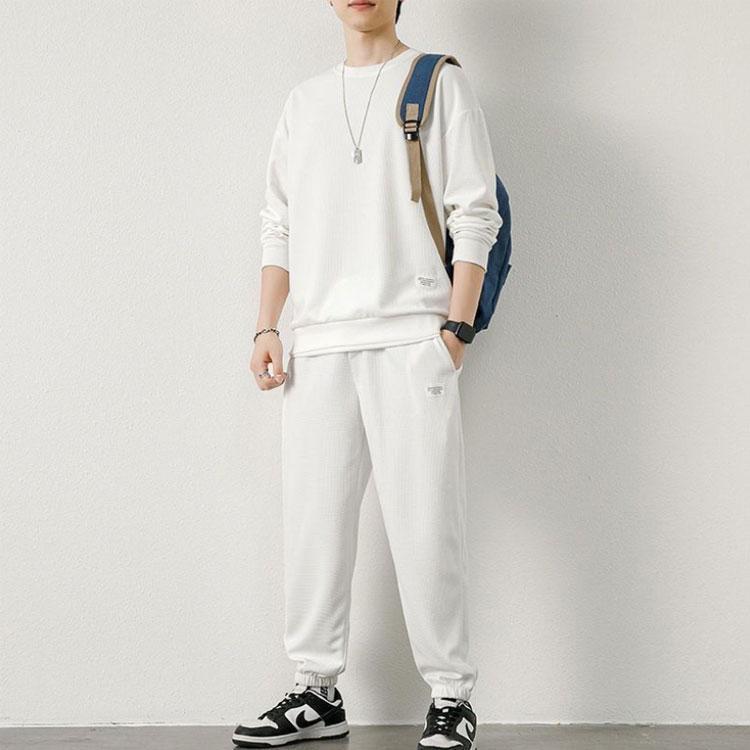 2点セット メンズ ジャージ セットアップ トレーナー 長袖 上下セット ワッフル生地 薄手 春 秋 クルーネック 丸首 長袖tシャツ スウェットパン