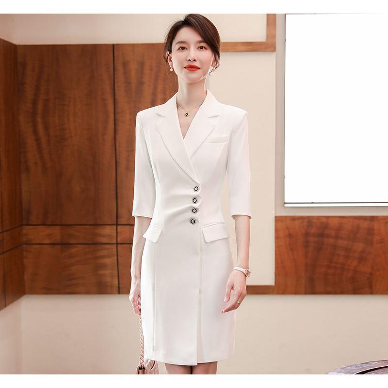 ワンピース レディース 夏 五分袖 スーツ フォーマル おしゃれ 膝丈 着痩せ キレイめ 無地 オフィス ビジネス OL 発表会 音楽会 演奏会 2