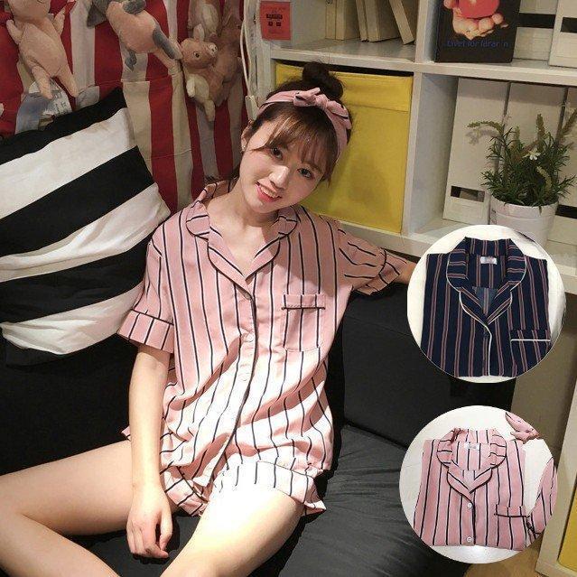パジャマ レディース 前開き パジャマ 春夏 半袖 パジャマ 韓国風レディースルームウェア 部屋着 ショットパンツ ストライプ柄 3点セット