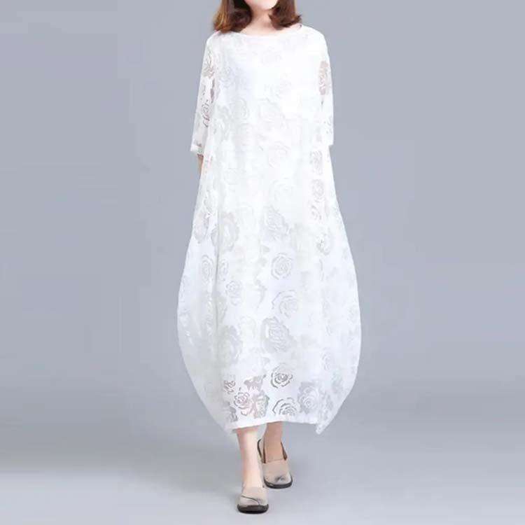 バルーンワンピース ワンピース 夏 ロングワンピース レースワンピース レディース マキシワンピース 半袖 シースルー 体型カバー コクーンワンピース