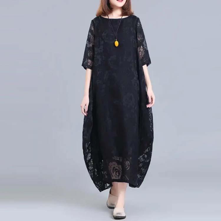 バルーンワンピース ワンピース 夏 ロングワンピース レースワンピース レディース マキシワンピース 半袖 シースルー 体型カバー コクーンワンピース