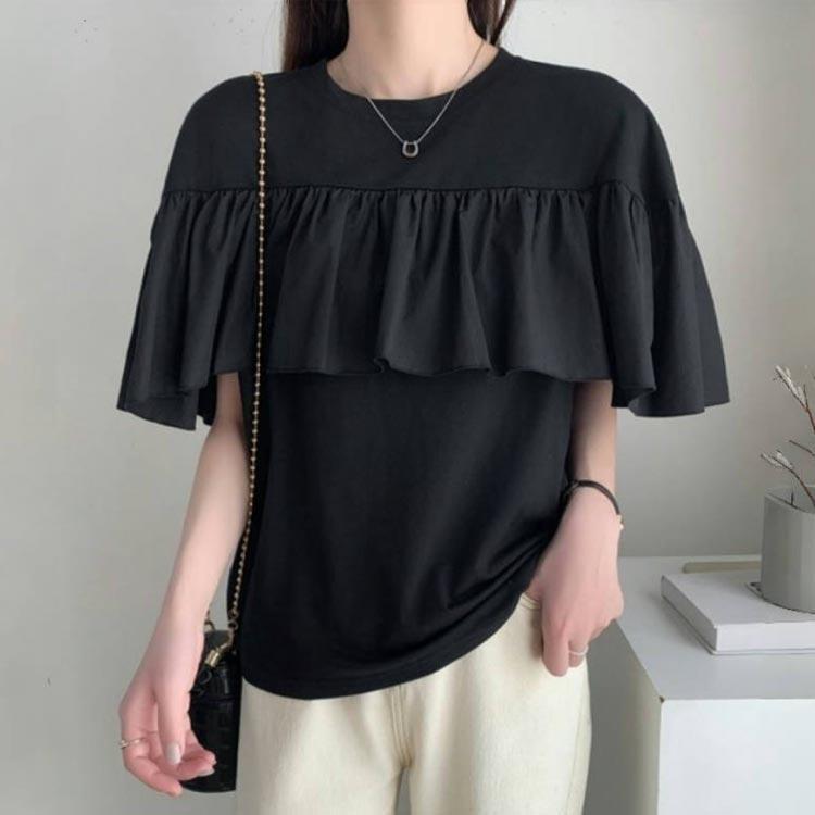 レディース 袖フリル Tシャツ フリル カットソー 夏 半袖 無地 チュニック トップス クルーネック 二の腕カバー 定番 おしゃれ 体型