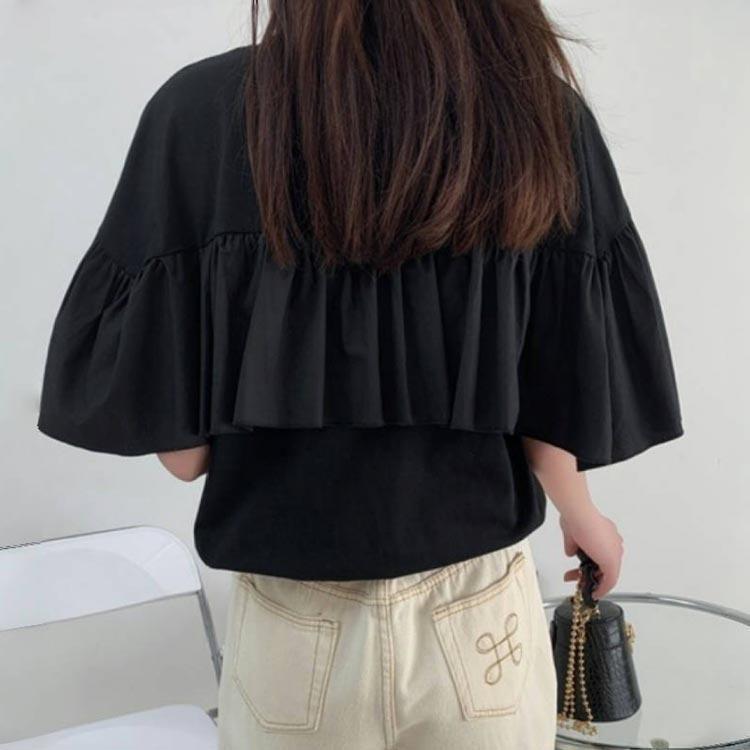 レディース 袖フリル Tシャツ フリル カットソー 夏 半袖 無地 チュニック トップス クルーネック 二の腕カバー 定番 おしゃれ 体型