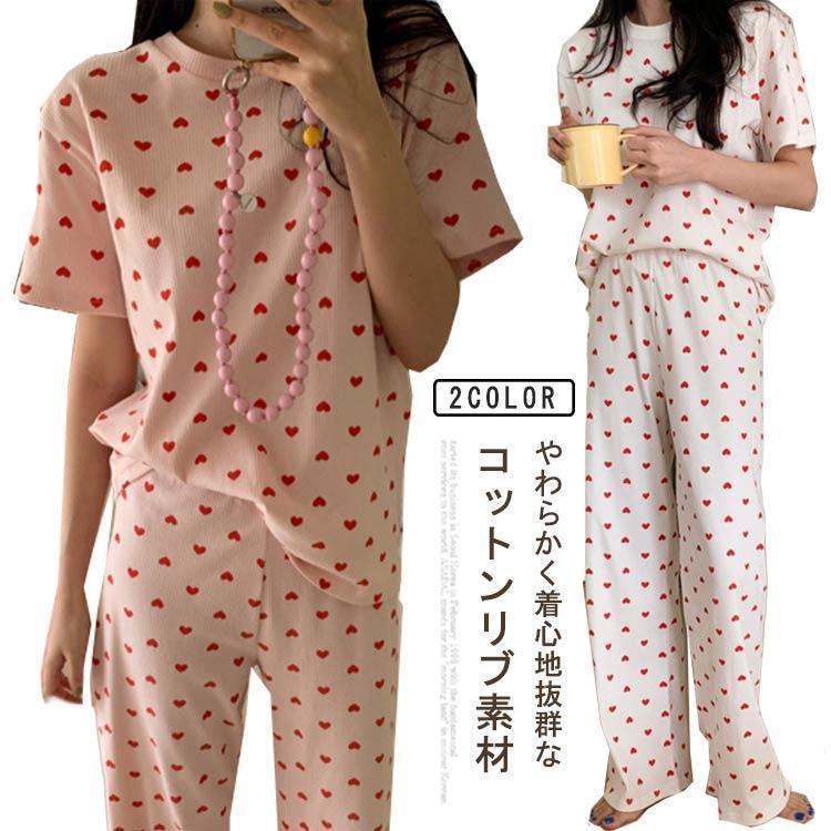 ルームウェア セットアップ 上下セット レディース 夏 ワンマイルウェア 部屋着 パジャマ 寝間着 寝巻き リブ リブニット 半袖 tシャツ ロング