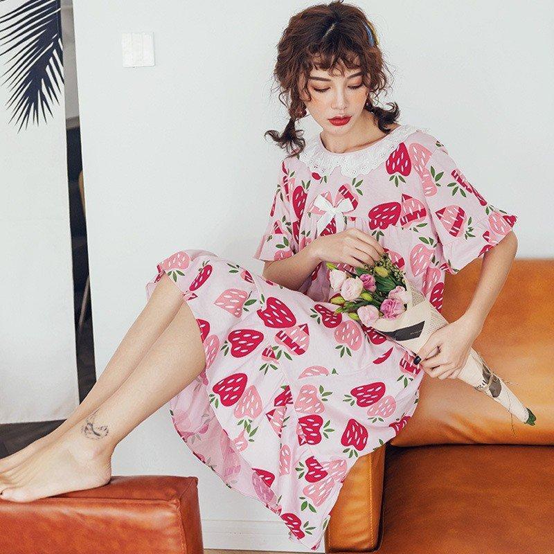 パジャマ レディース ワンピース パジャマ 半袖 夏妊娠服 ネグリジェ ロングTシャツ かわいい イチゴ柄..