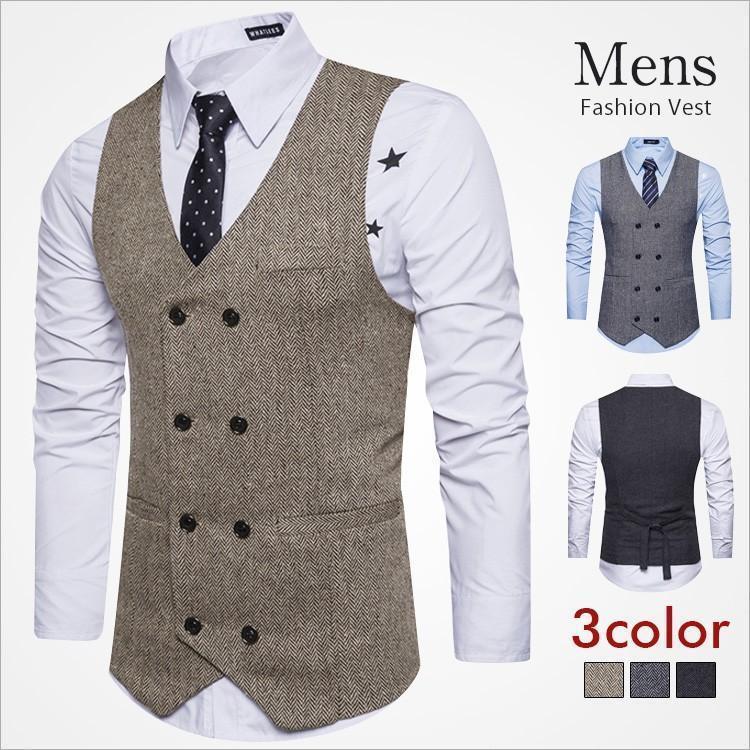 ベスト スーツベスト メンズ アウター テーラード メンズトップス メンズベスト ノースリーブ 前開き スリム Vネック ダブルブレスト(4)