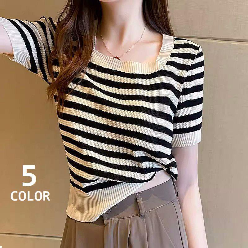 サマーニット 半袖 レディース トップス スクエアネック ボーダー柄 プルオーバー 婦人服 女性用 カジ..