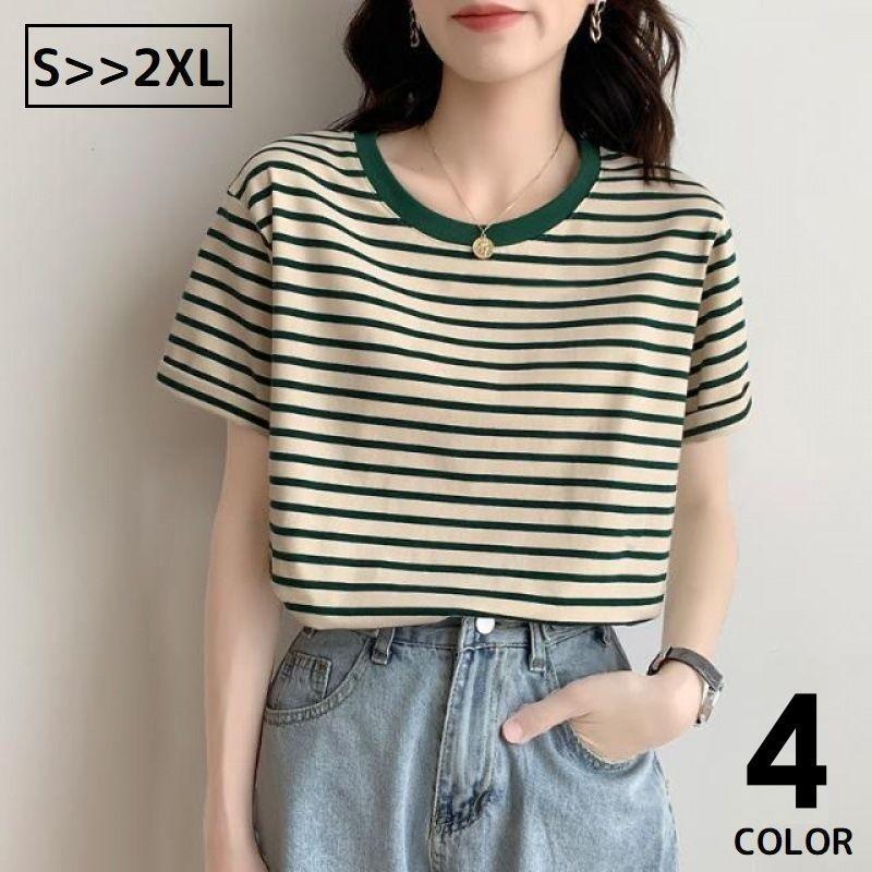 Tシャツ 半袖カットソー レディース ゆったり大きいサイズ ラウンドネック ドロップショルダー ボーダー柄 おしゃれ カジュアル