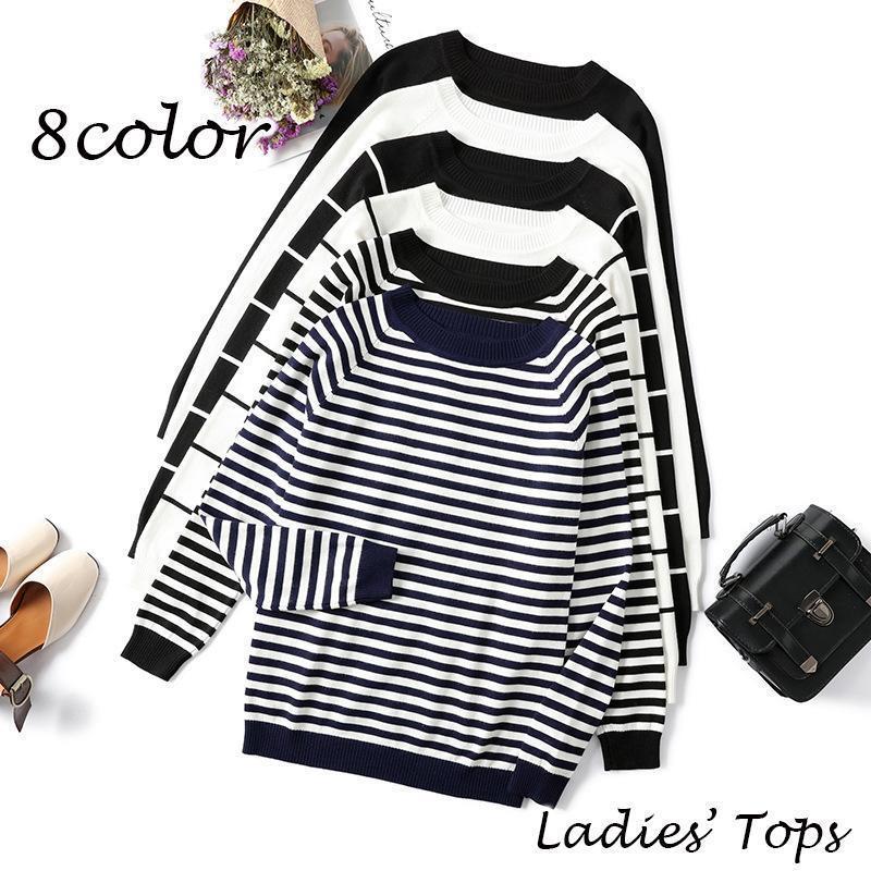 ニット 長袖 レディース ラウンドネック トップス プルオーバー シンプル 無地 ボーダー しましま カジ..