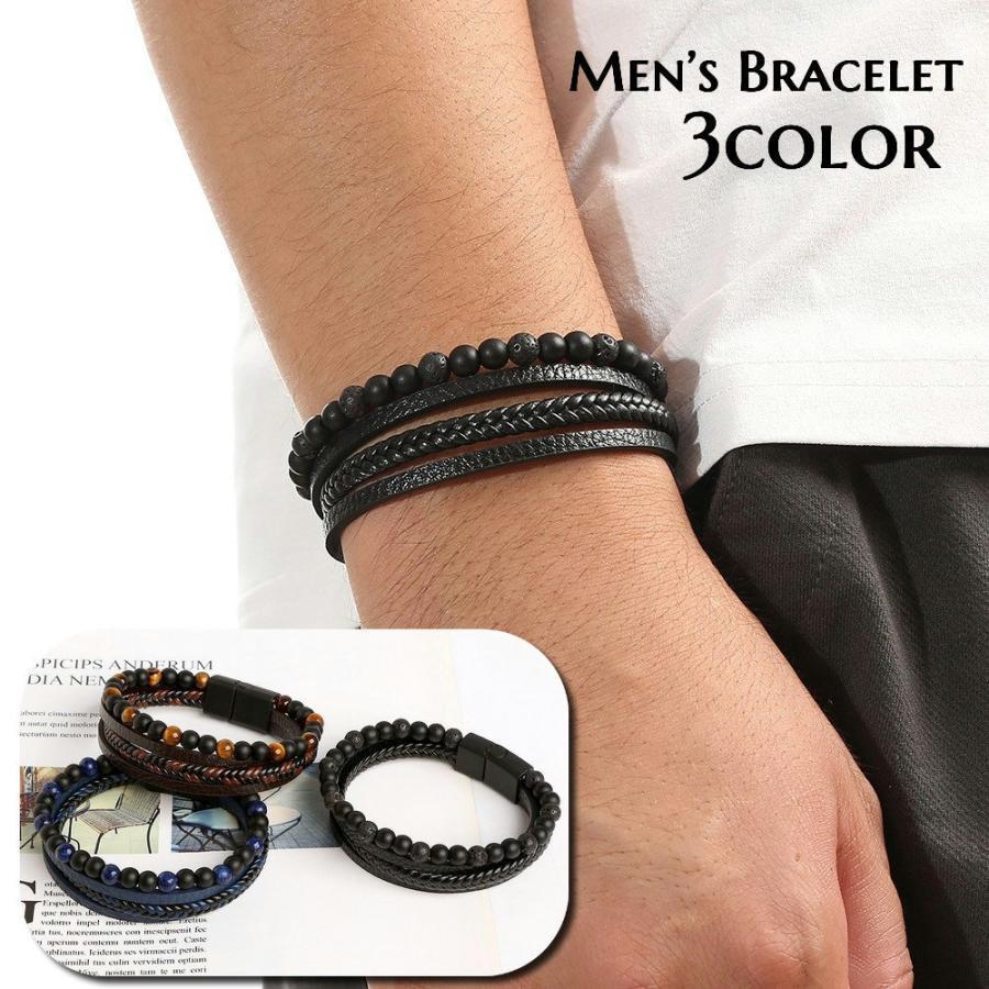 ブレスレット アクセサリー 4連 重ね付け風デザイン メンズ 紳士用 レザー調 ビーズ ストーン エスニッ..