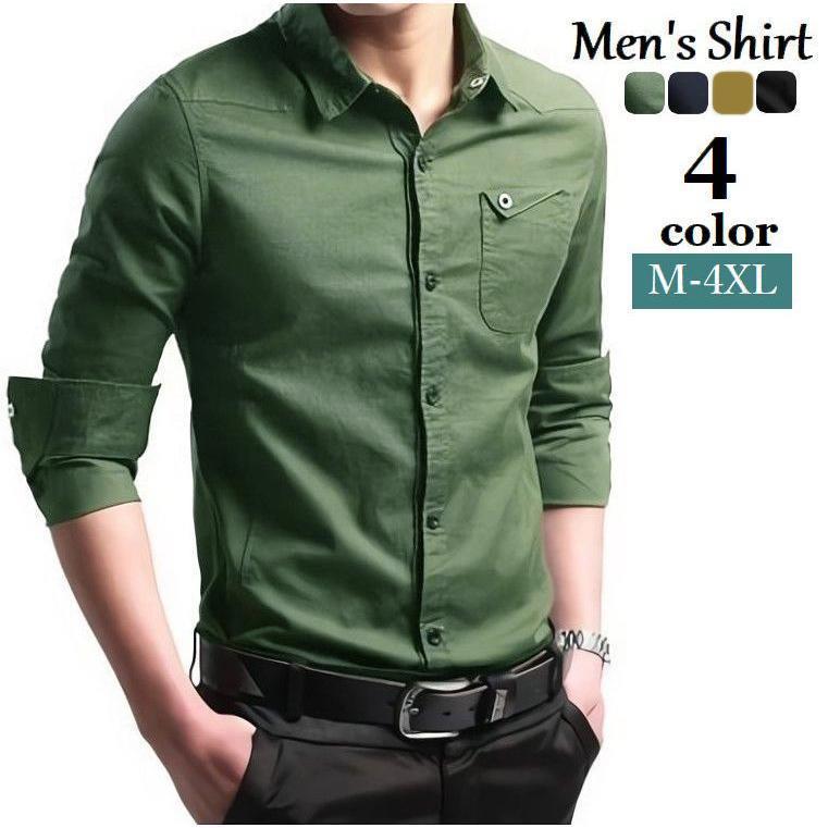 カジュアルシャツ 長袖 メンズ トップス 前開き 胸ポケット付き スタンダードカラー フロントボタン 無..