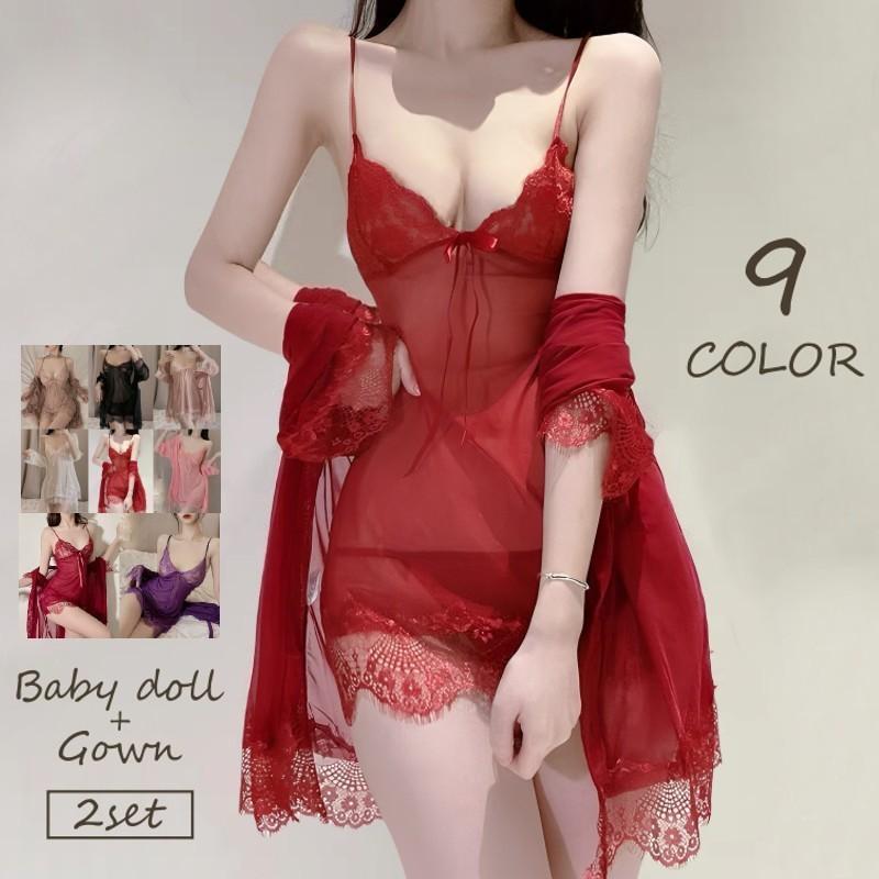 ベビードール 2点セット ガウン レディース ランジェリー キャミソール ワンピース Vネック レース 刺繍レース リボン 透け感 カラバリ