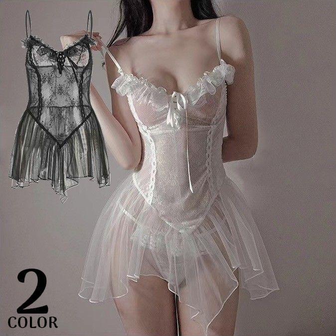ベビードール レディース ランジェリー レース フリル リボン シースルー 深Vネック フレア 美背中 ミニ丈