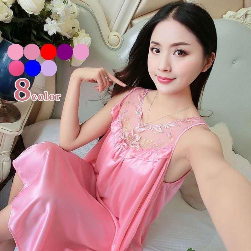 ネグリジェ ルームウェア ノースリーブ パジャマ ナイトウェア ワンピース レディース 女性 Aライン Vネック レース フリル リボン 透け感 薄手