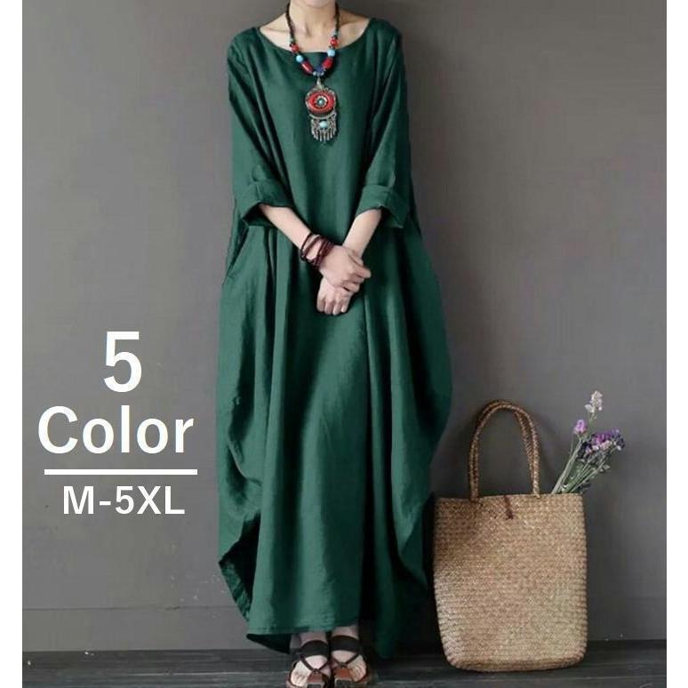 マキシワンピース ロング丈 マキシ丈 長袖 ロールアップ袖 シンプル 無地 ワンカラー クルーネック ざっくりワンピ ゆるシルエット 大きめサイズ 体