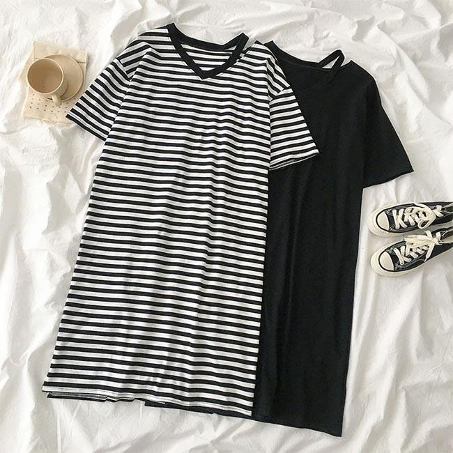 春 夏 Tシャツワンピ 夏 レディース ワンピース 半袖 Tシャツワンピース ボーダー柄 ゆったり Vネック ロングTシャツ 半袖ワンピース サマーワンピース