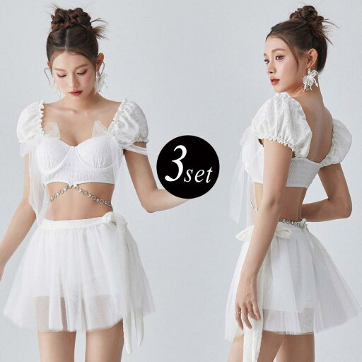 夏 水着 ビキニ ブラ スカート ショートパンツ 3点セット レディース バルーン袖 2way オフショルダー オフショルビキニ チェーン付 夏 水着 ビキニ ブラ スカート ショートパンツ 3点セット レディース バルーン袖 2way オフショルダー オフショルビキニ チェーン付