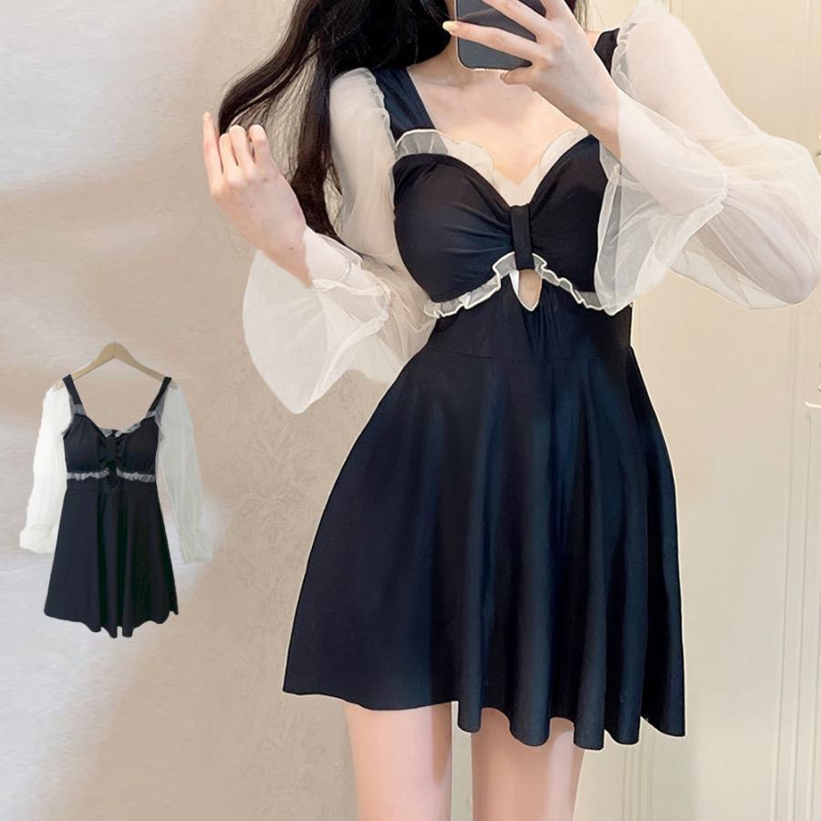 ワンピース 春水着 夏 シースルー袖 体型カバー 体型カバー ビキニ セパレート ワンピース水着 韓国風水着 ハイウエスト