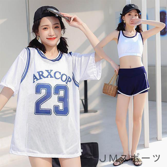 夏 水泳服 スイムウェア 上下セット スイミング ビーチウェア 3点セット 胸パッド付き 水着 レディース Tシャツ 水着セット