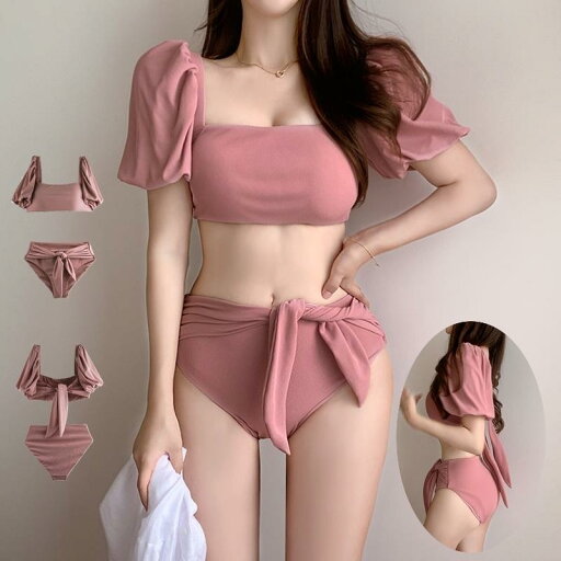 水着 上下セット 2点セット セパレート レディース スイムウェア パフスリーブ 半袖 リボン ウエストマーク ハイウエスト パッド入り 無地 シンプ 水着 上下セット 2点セット セパレート レディース スイムウェア パフスリーブ 半袖 リボン ウエストマーク ハイウエスト パッド入り 無地 シンプ