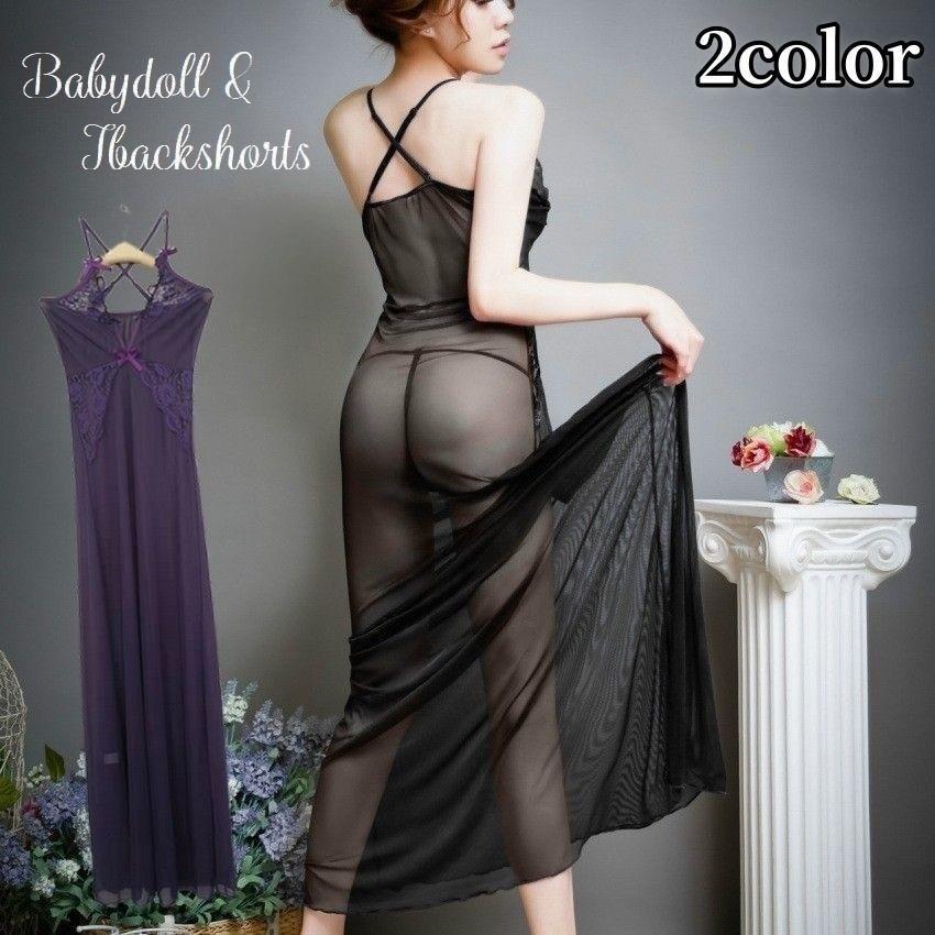 ベビードール Tバックショーツ 2点セット レディース ランジェリー スリップ ロング丈 レース 透け感 シアー 無地 かわいい 女性用下着