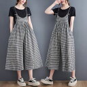 サロペットパンツ 夏 レディース サロペット ゆったり チェック柄 オーバーオール 薄手 サマーパンツ クロップドパンツ 七分丈 オールインワン