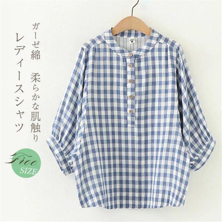 コットンシャツ ブラウス 夏 五分袖 レディース 綿ガーゼ ギンガムチェック スタンドカラー チュニック..