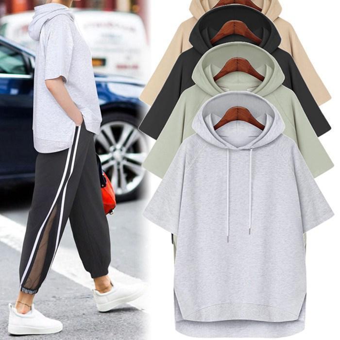 乐天商城 - パーカー トップス レディース 夏 tシャツ 五分袖 フード付き ゆったり 半袖パーカー Tシャツ カットソー プルオーバー 高品質