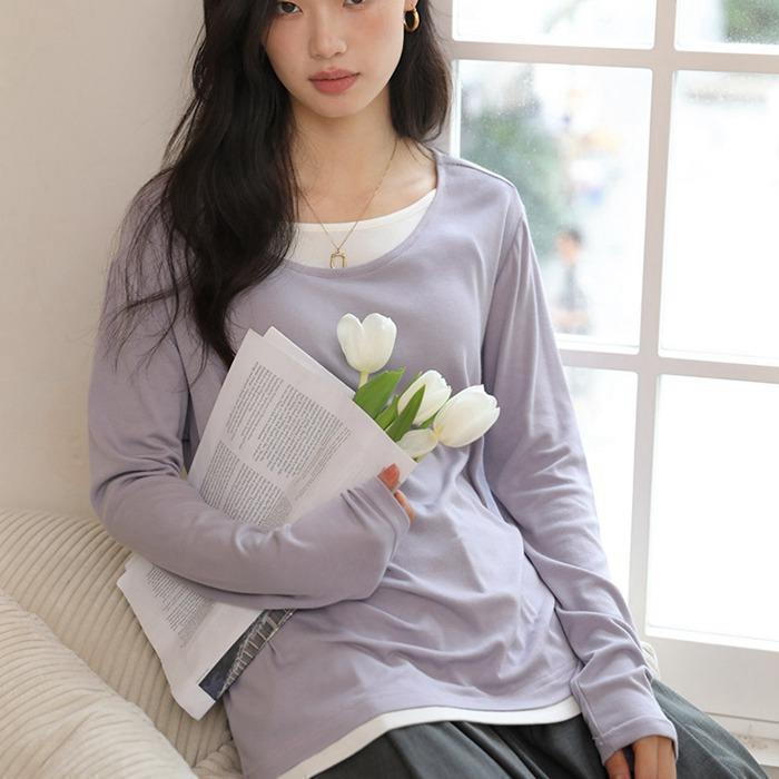 Rakuten - 重ね着Tシャツ 長袖 レディース 薄い インナー カットソー トップス 無地 チュニック クルーネック Tシャツ 春 夏 カットソー 春服