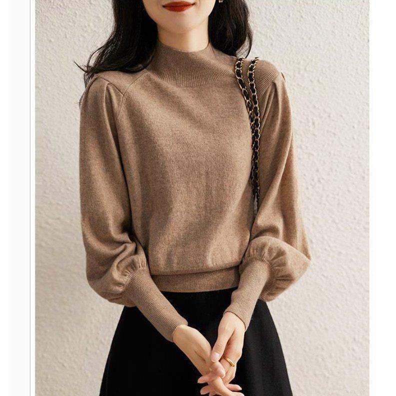 レディースニットトップス40代秋冬パフスリーブ長袖トップスショット丈ニットソー無地ニットインナーゆったりセータープルオーバーオシャレ