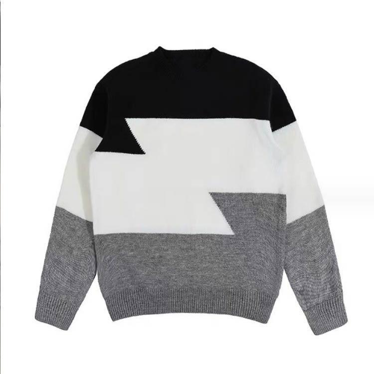 メンズ セーター ニット クルーネック 長袖 配色 ニットトップス 暖かい 防寒 ウォッシャブル ストリート カジュアル ルームウェア 部屋着 秋 冬
