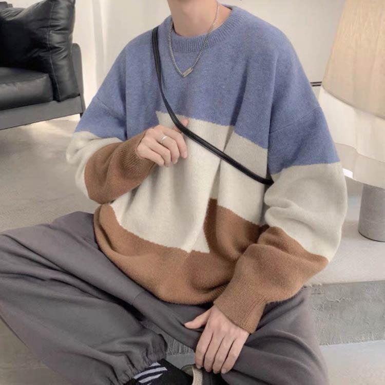 メンズ セーター ニット クルーネック 長袖 配色 ニットトップス 暖かい 防寒 ウォッシャブル ストリート カジュアル ルームウェア 部屋着 秋 冬