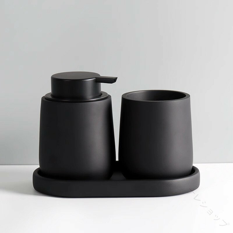 Rakuten - ソープディスペンサー 陶器 泡タイプ 手動ディスペンサー 収納トレイ 歯ブラシホルダー 洗面セット ポンプ式 320ml 詰め替えボトル バスルームアクセサリー サニタリーセット 洗面所 ト