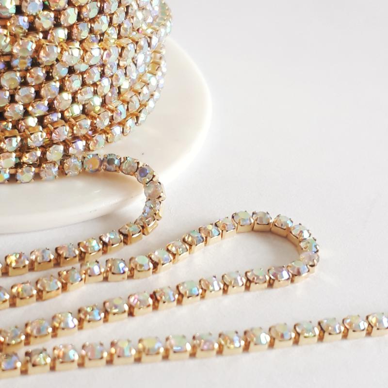 【クーポンで 半額 】 連爪 ダイヤレーン ラインストーン 9m×1巻 2mm 6 【 AB オーロラ ストーン × ゴ..