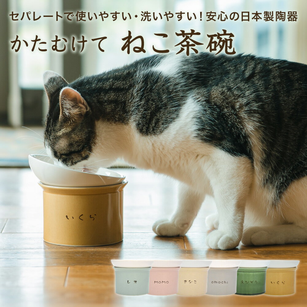 かたむけて ねこ茶碗 猫 名入れ フードボウル 食器 陶器 陶器製 ごはん 食器 ごはん入れ ご飯台 陶器 傾斜 キャットフード エサ入れ えさ入れ 餌入れ 高さ 角度が変えられる 斜め 食べやすい 洗いやすい セパレート 日本製 ピンク 水色 ベージュ グレー