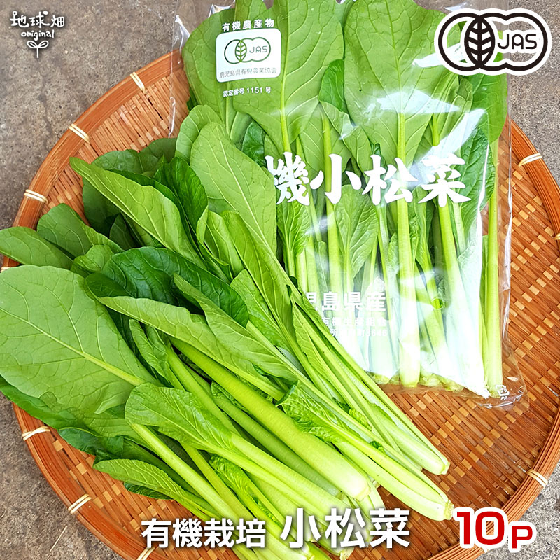 商品説明内容有機小松菜 150g×10パック（転換期間中有機栽培を含む） 産地名国産（鹿児島県）配送について冷蔵便備考商品到着後はお早めにお召し上がりください。防虫剤等を使用しておりませんので、多少の虫食いがありますことをご容赦くださいませ。地球畑の小松菜 年間を通じて栽培されている小松菜。 冬が旬のお野菜です。 地球畑では、旬の小松菜ならではの風味を味わって頂きたく、 化学肥料・農薬を使用せず、有機栽培で育てています。 小松菜を茹でる際には、これらの栄養素を出来るだけ逃さないように、 茹でてから食べやすい大きさに切るのがポイントです。 保存方法 濡らした新聞紙などで全体を包んで袋に入れ、野菜室で保管ください。 適度なサイズにカットして冷凍保存も可能です。 商品お届けについて 冷蔵便で発送します。 化学肥料・農薬を使用しておりませんので、多少の虫食いがありますことをご容赦くださいませ。