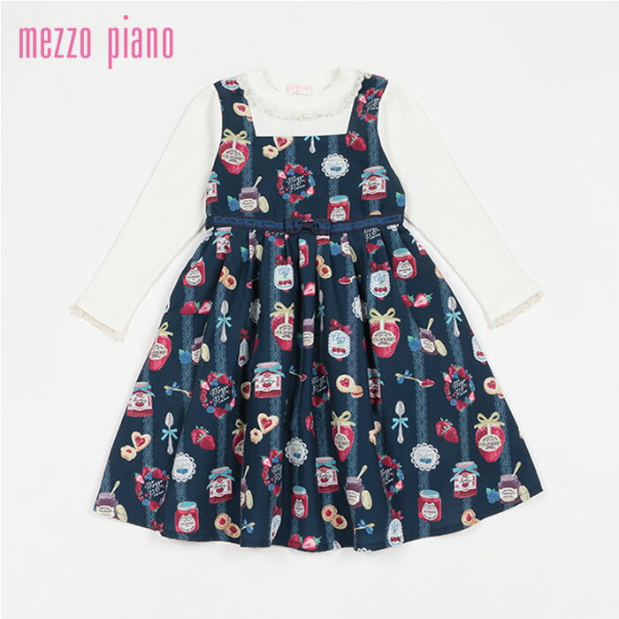 (30％OFF)（23aw）mezzo piano（メゾピアノ）クマ刺しゅうジャム瓶柄　ドッキングワンピース-3303